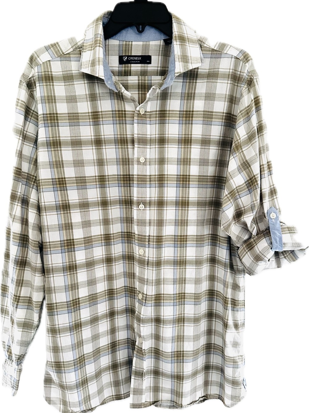 Men's CREMIEUX taupe and blue Plaid Button-Up Shirt with roll tab sleeves Sz L